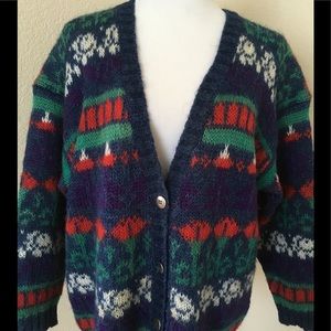 Cardigan sweater blue red green long sweater
